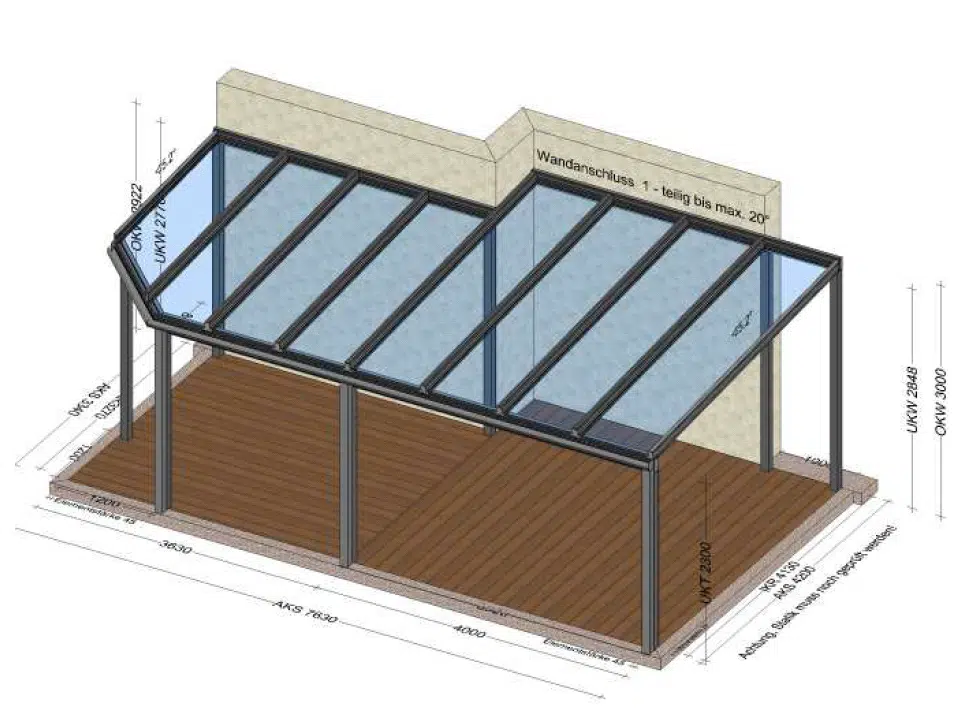 Terrassenüberdachung freitragend Alu mit abgeschrägtem Dach