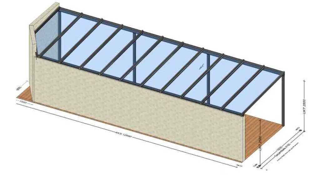 Terrassenüberdachung liegt auf einer Seite der Mauer auf - Planung
