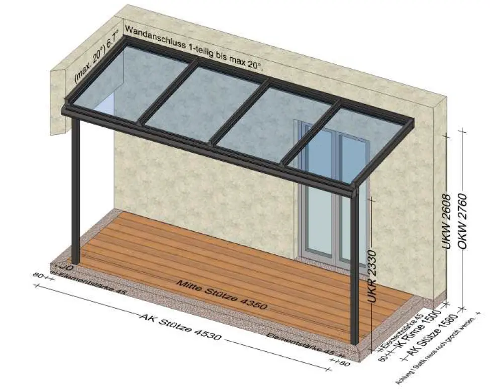 Terrassenüberdachung mit 4 Glasfeldern am Dach