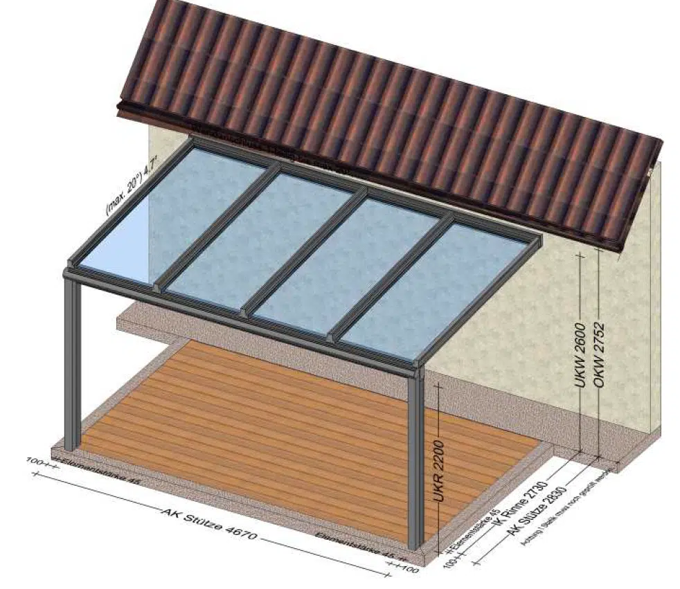 Terrassenüberdachung mit 4 Glasfeldern