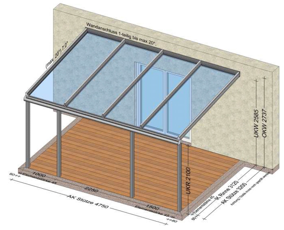 Terrassenüberdachung mit 4 Stehern in Alu