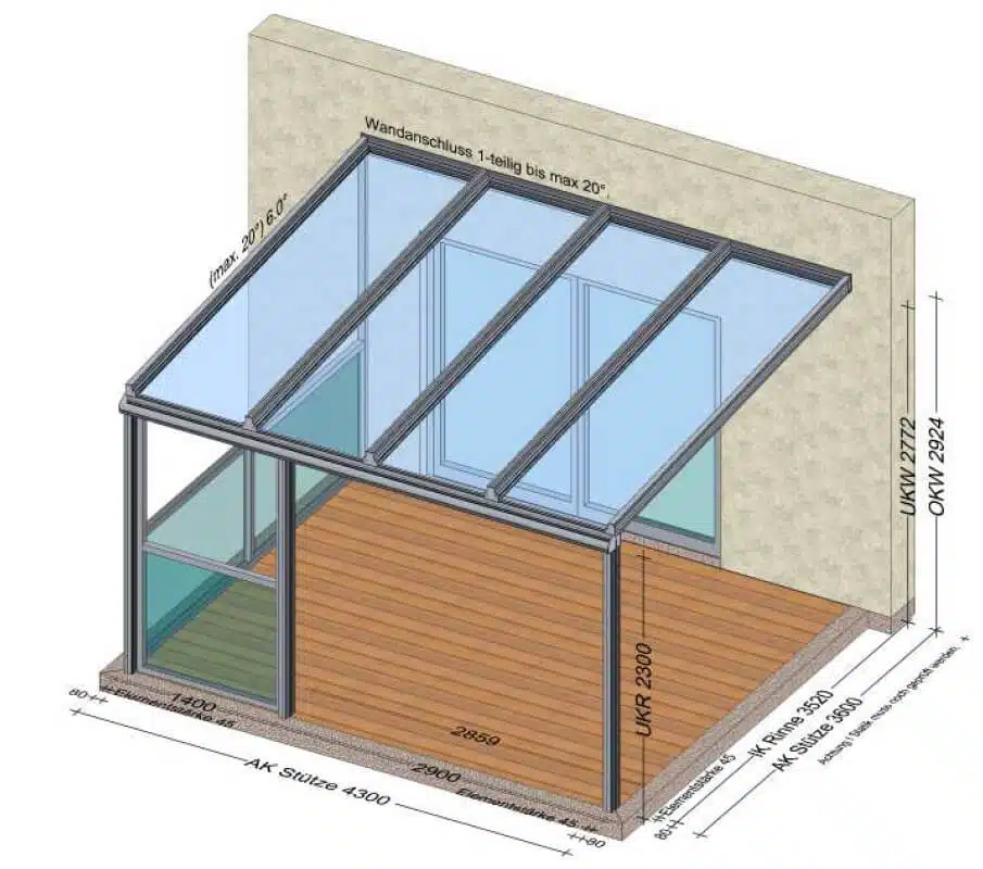 Terrassenüberdachung mit seitlichem Balkongeländer aus Glas