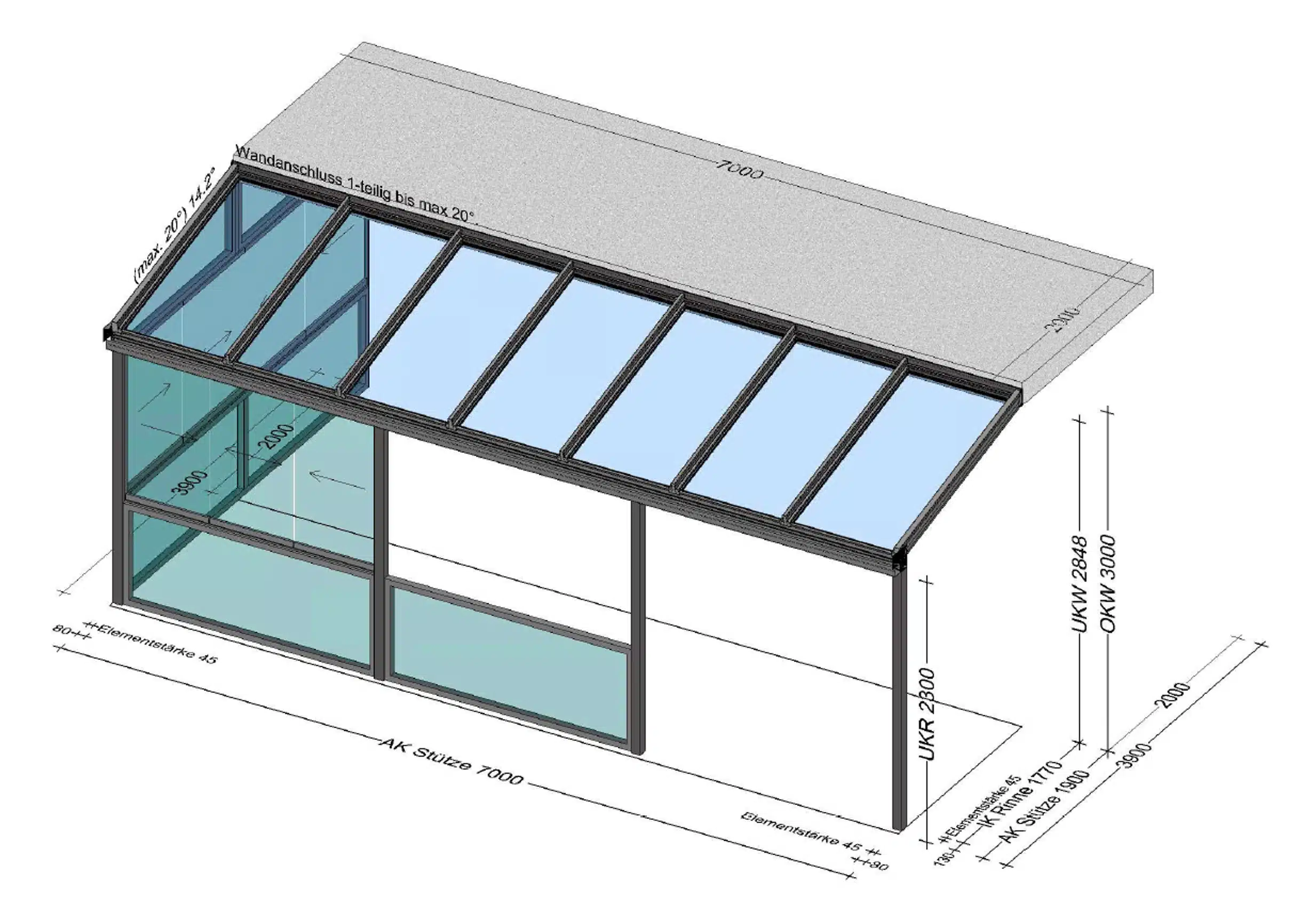 Terrassenüberdachung mit seitlichem Windschutz schiebbar