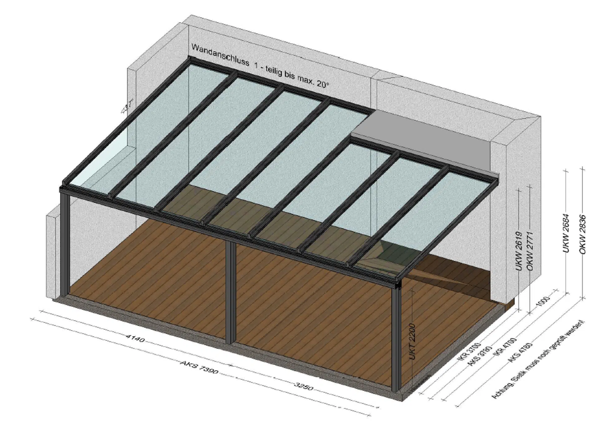 Terrassenüberdachung mit unterschiedlichen Tiefen
