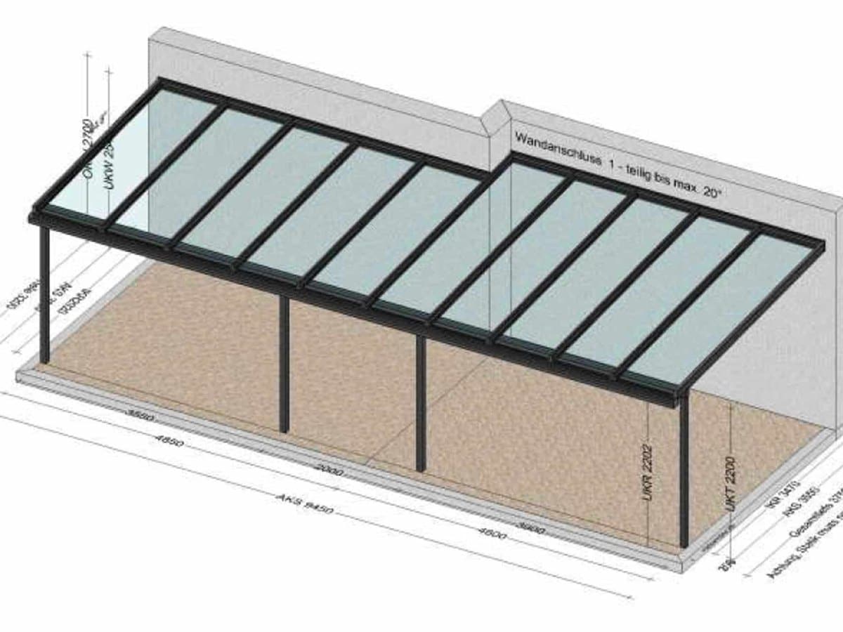 Planungszeichnung einer großen Terrassenüberdachung aus Aluminium für ein Bauvorhaben in Steyr