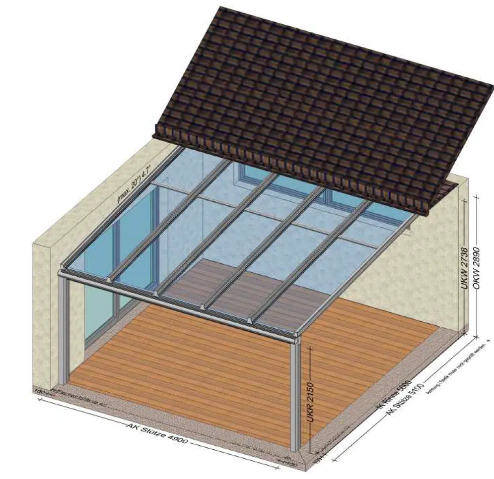 Terrassenüberdachung unter einem Hausdach
