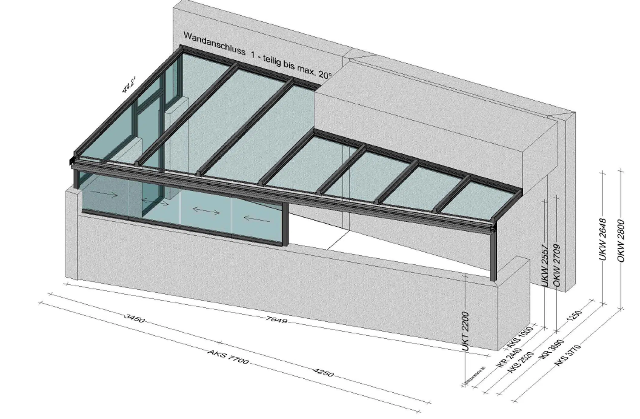 Terrassenüberdachung vorne abgeschrägt mit Teilverglasung seitlich