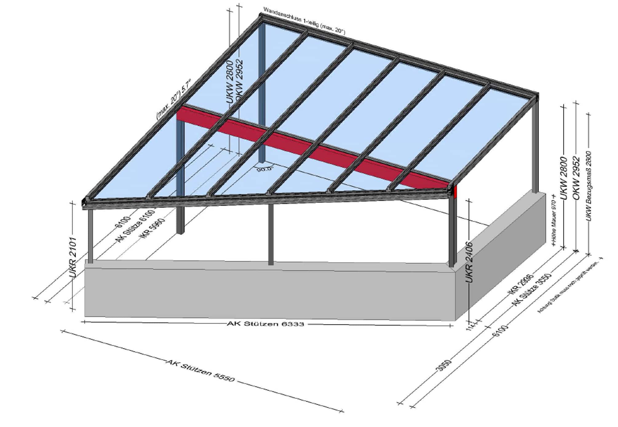 Terrassenüberdachung vorne schräge Konstruktion - Planung in Zwettl/Rodl