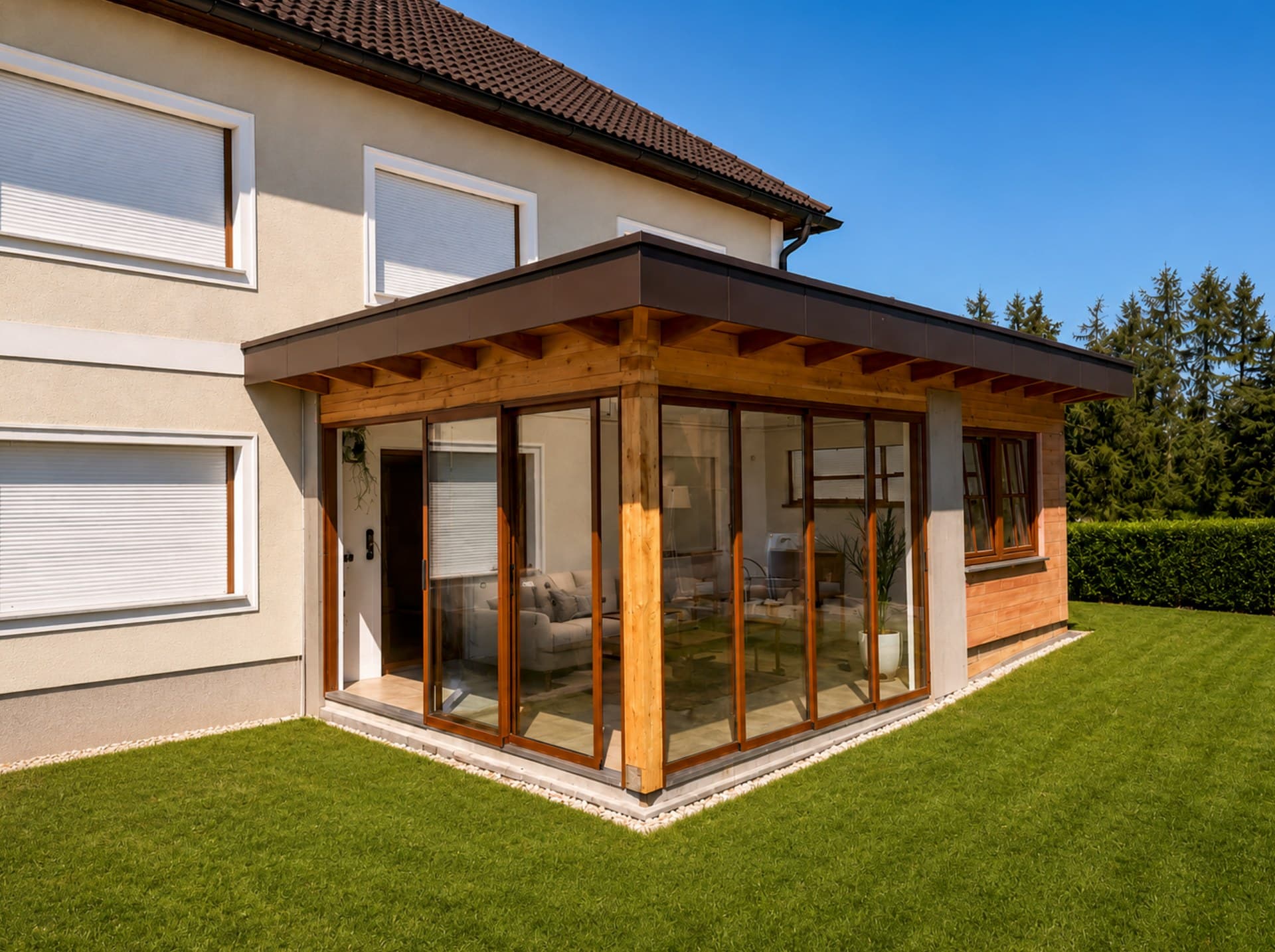 Terrassenverglasung über Eck mit gerahmten Glasschiebeelementen in Holzoptik unter einer Holzkonstruktion mit Flachdach, Außenansicht bei Tag, Oberösterreich