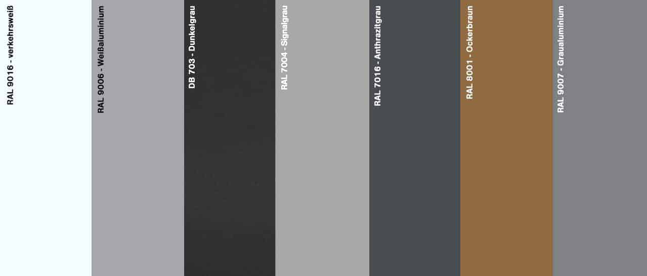 Sieben Farbmuster, die die Trendfarben der Schallschutzfenster darstellen. Farben können auf die Aluschale aufgetragen werden.