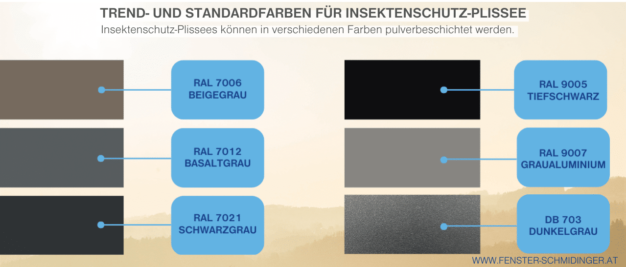 Trendige Farben für Insektenschutz-Plissees von Beige bis Grau, die gerade angesagt sind.