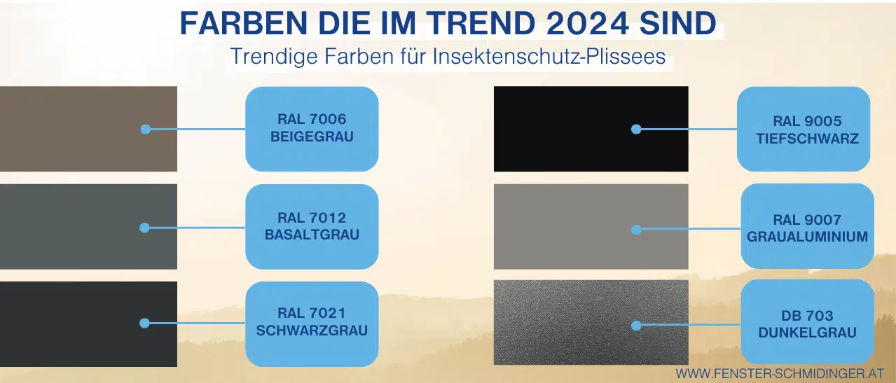 Trendige Farben für Insektenschutz-Plissees von Beige bis Grau, die im Jahr 2024 angesagt sind.