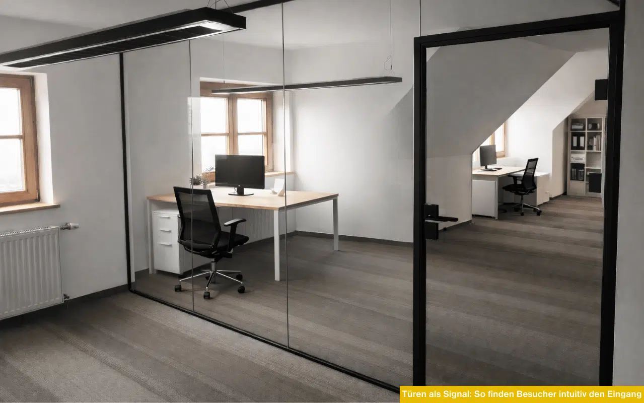 Türen als Signal so finden Besucher intuitiv den Eingang Glastür mit schwarzem Rahmen in moderner Bürotrennwand