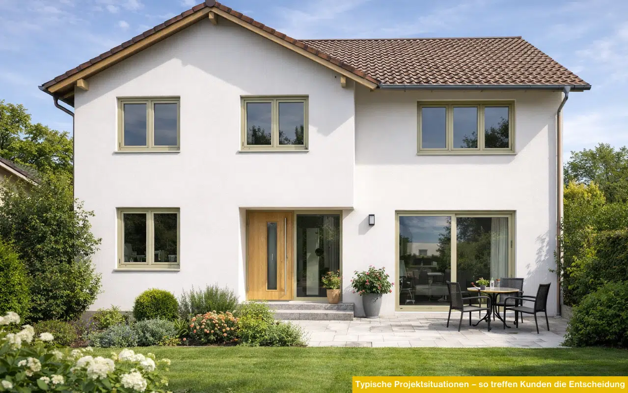 Typische Projektsituationen - so treffen Kunden die Entscheidung bei Einfamilienhaus mit hellen Fassaden und Fenstern