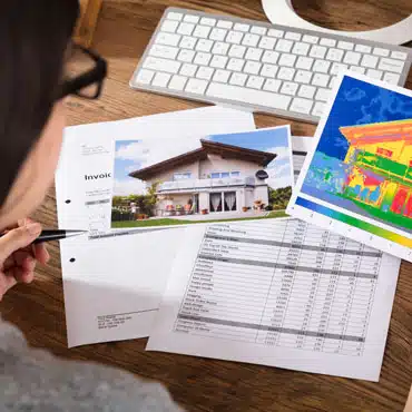 Frau prüft U-Wert, Ud-Wert & Ug-Wert für Haustüren zur Energieeffizienz-Analyse.