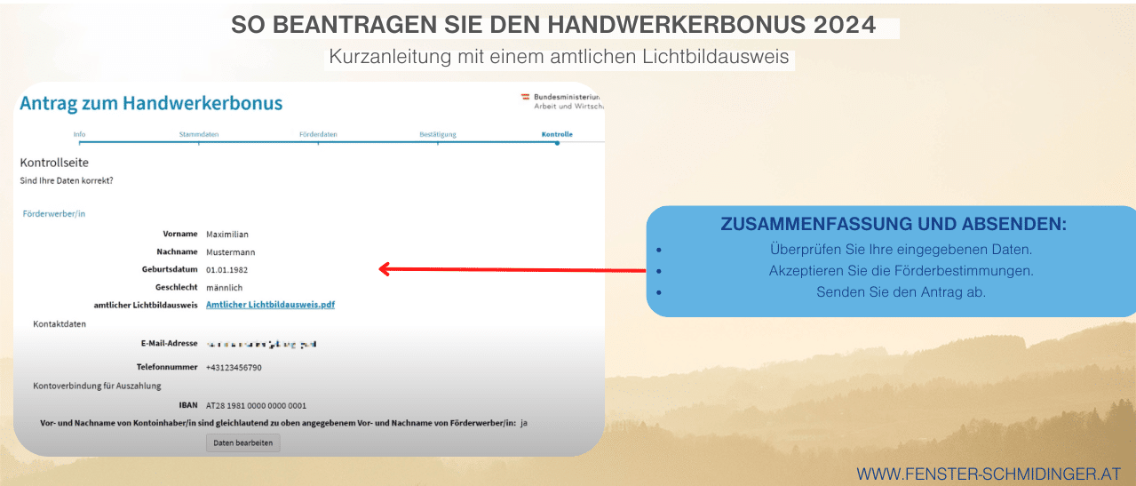 Überprüfen Sie Ihre Daten, akzeptieren Sie die Förderbestimmungen und senden Sie den Antrag für den Handwerkerbonus ab.