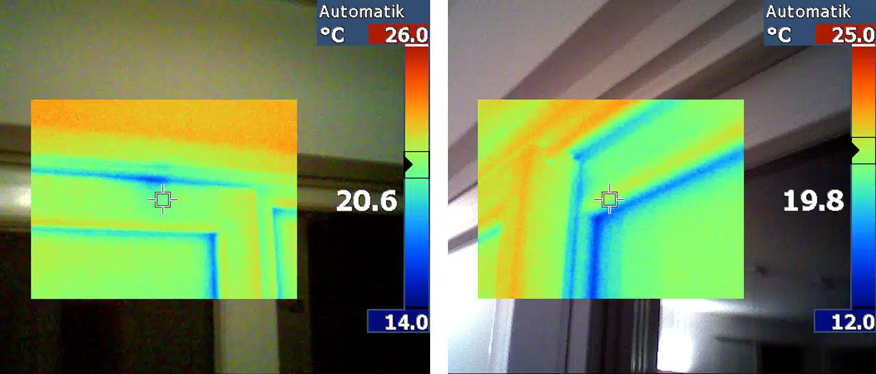 Beispiele für undichte Stellen bei Balkontüre und Hebeschiebetüre mit Hilfe der Wärmebildkamera festgestellt.