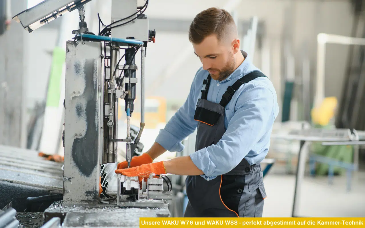 Unsere WAKU W76 und WAKU W88 perfekt abgestimmt auf die Kammer-Technik. Mitarbeiter bei der Fensterfertigung an Maschine.