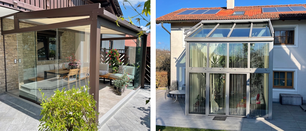 Oben im Bild sehen Sie den Unterschied im Detail. Auf der linken Seite ist ein Sommergarten mit Ganzglas-Schiebetüren ausgeführt, auf der rechten Seite ist ein Wohnwintergarten mit Wärmeschutzverglasung und wärmegedämmten Profilen ausgeführt. 