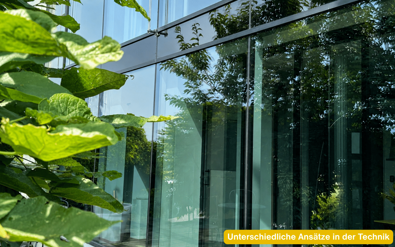 Unterschiedliche Ansätze in der Technik bei Sonnenschutzglas durch Reflexion oder Absorption der Sonnenstrahlung