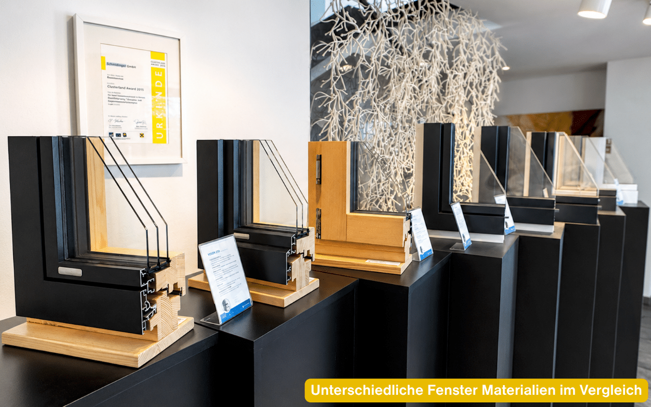 Unterschiedliche Fenster Materialien im Vergleich mit Schnittmodellen aus Holz, Holz-Alu und weiteren Werkstoffen