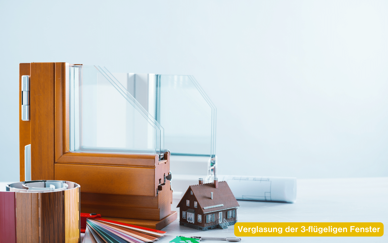 Verglasung der 3-flügeligen Fenster am Beispiel eines Holzfenster-Modells mit Dreifachglas und Haus-Miniatur