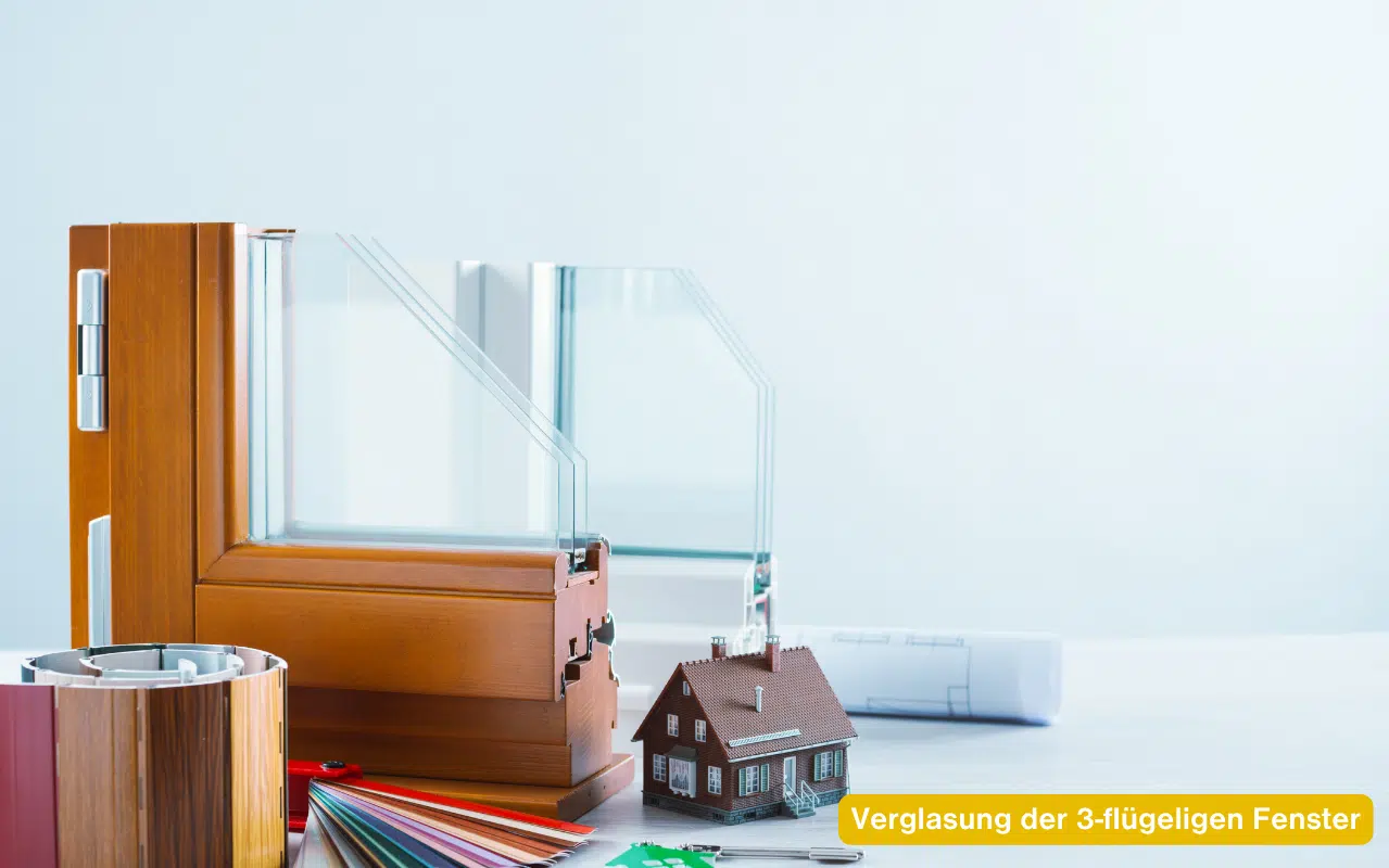 Verglasung der 3-flügeligen Fenster am Beispiel eines Holzfenster-Modells mit Dreifachglas und Haus-Miniatur