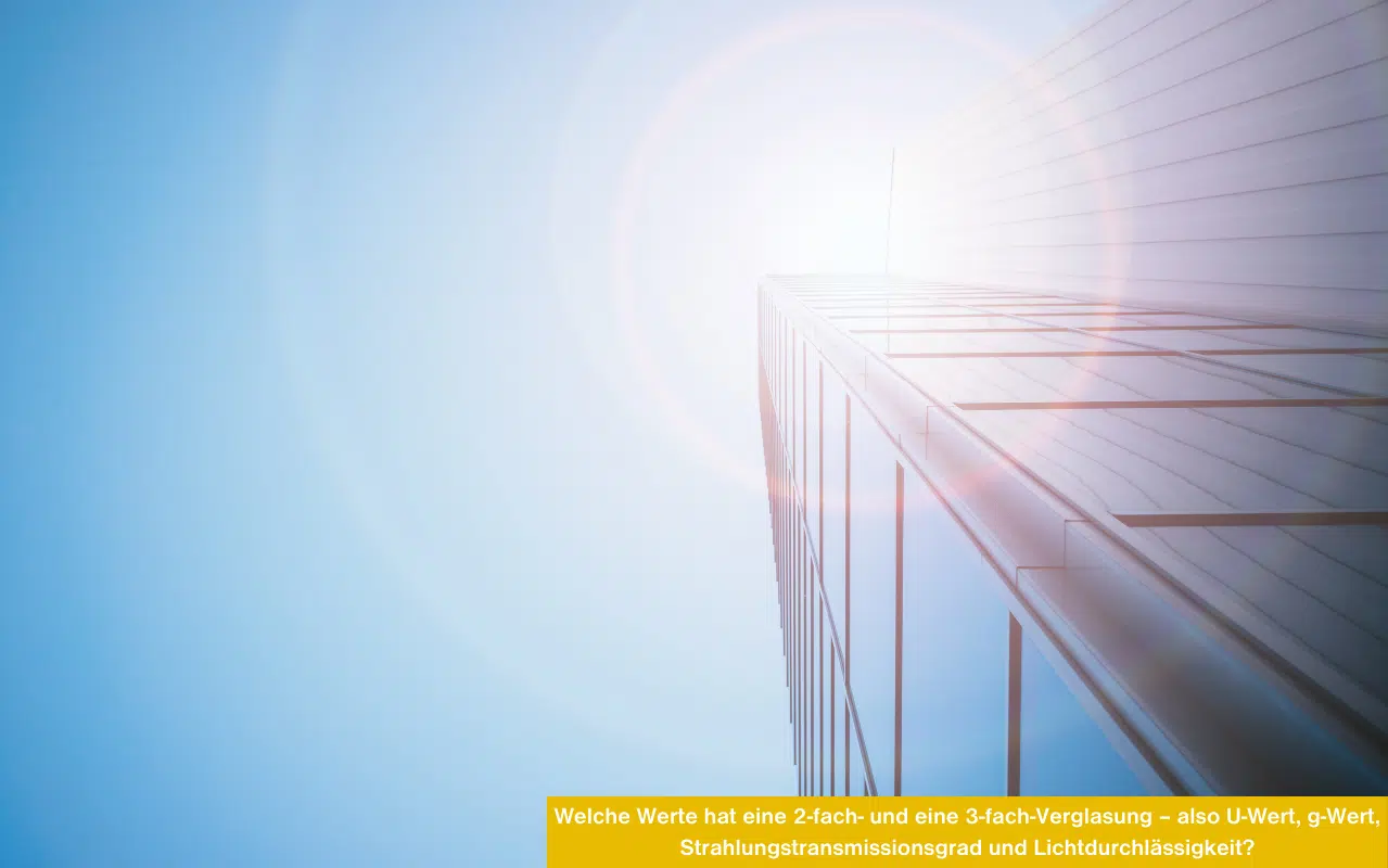 Blick nach oben an einer spiegelnden Glasfassade eines Hochhauses unter strahlend blauem Himmel mit Sonnenreflexion.