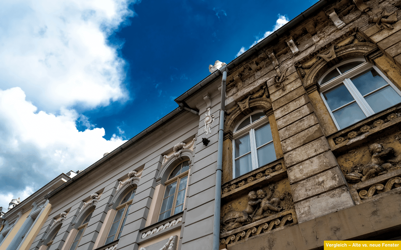 Vergleich - Alte vs. neue Fenster zeigt historische Fassade mit saniertem und unsaniertem Gebäudeteil als Beispiel für Fenstertausch.