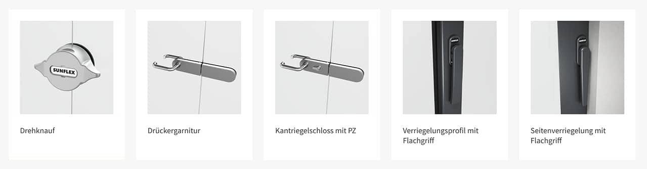 Verschiedene Verriegelungsoptionen für Schiebe-Dreh-Systeme, inklusive Drehknauf und Flachgriff stehen für Balkon- ebenso wie Terrassenverglasung zur Auswahl.