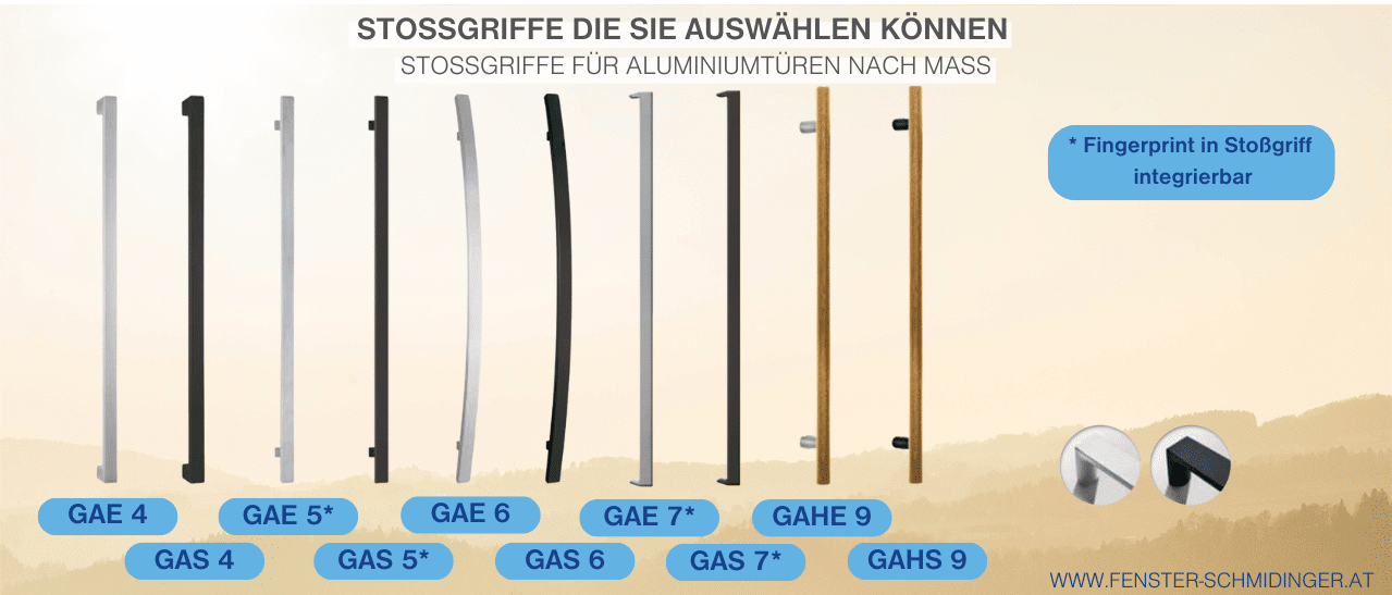 Verschiedene Stossgriffe für Haustüren, wählbar im Online-Konfigurator.