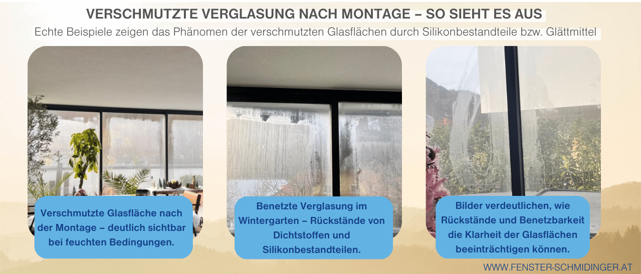 Verschmutzte Gläser beim Wintergarten nach Montage deutlich sichtbar bei Feuchtigkeit Rückstände beeinträchtigen Klarheit.