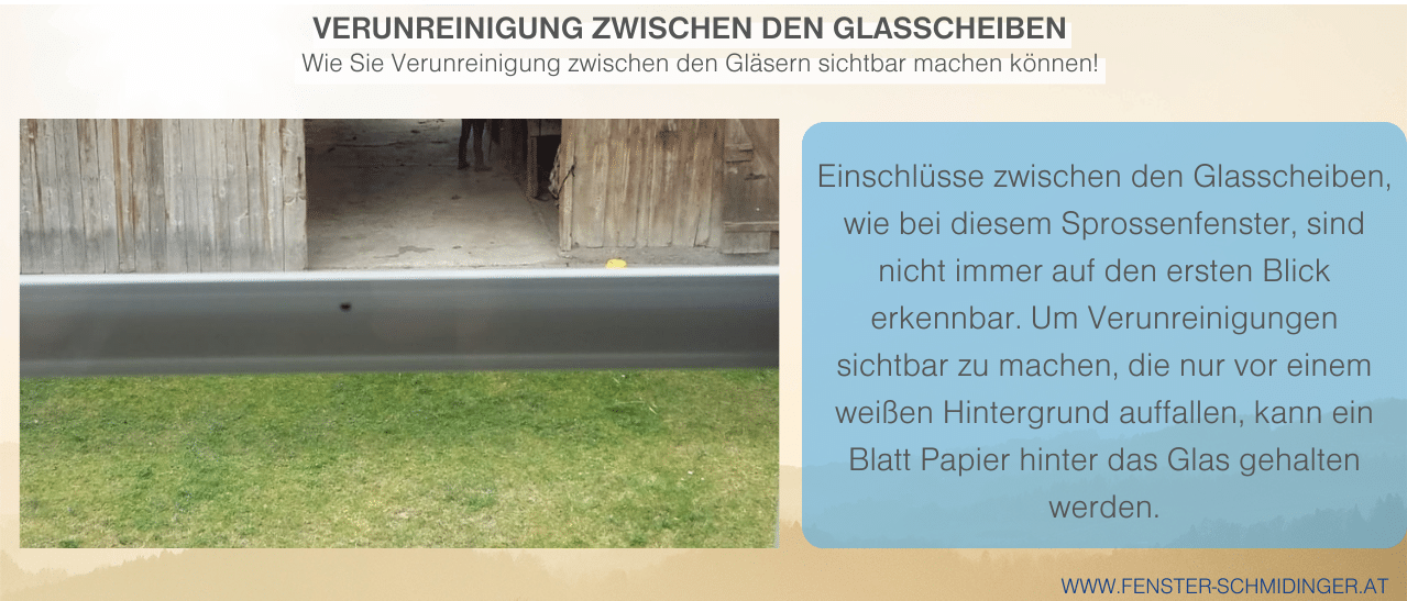 Sprossenfenster mit Einschlüssen zwischen den Scheiben, sichtbar vor weißem Papierhintergrund.