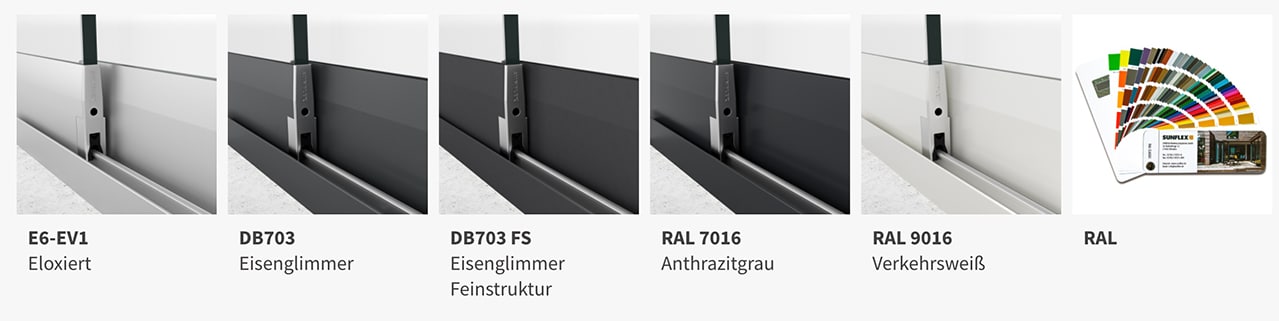 Übersicht der Farboptionen für Sunflex Schiebe-Systeme - Eloxiert, DB703 Eisenglimmer, RAL 7016 Anthrazitgrau, RAL 9016 Verkehrsweiß und individuelle RAL-Farben