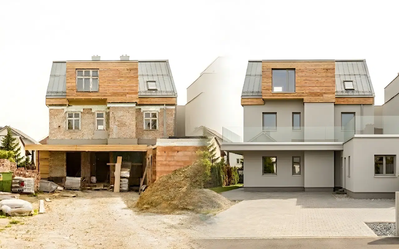 Vorher-Nachher-Vergleich einer Fenster-Sanierung im Altbau mit modernen Fenstern und sanierter grauer Fassade