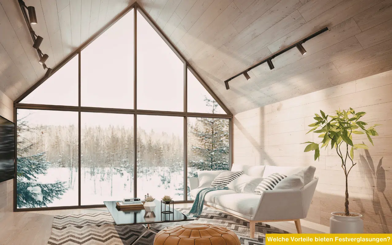 Großflächige Festverglasung im Giebel eines modernen Wohnzimmers mit Ausblick auf eine verschneite Winterlandschaft.