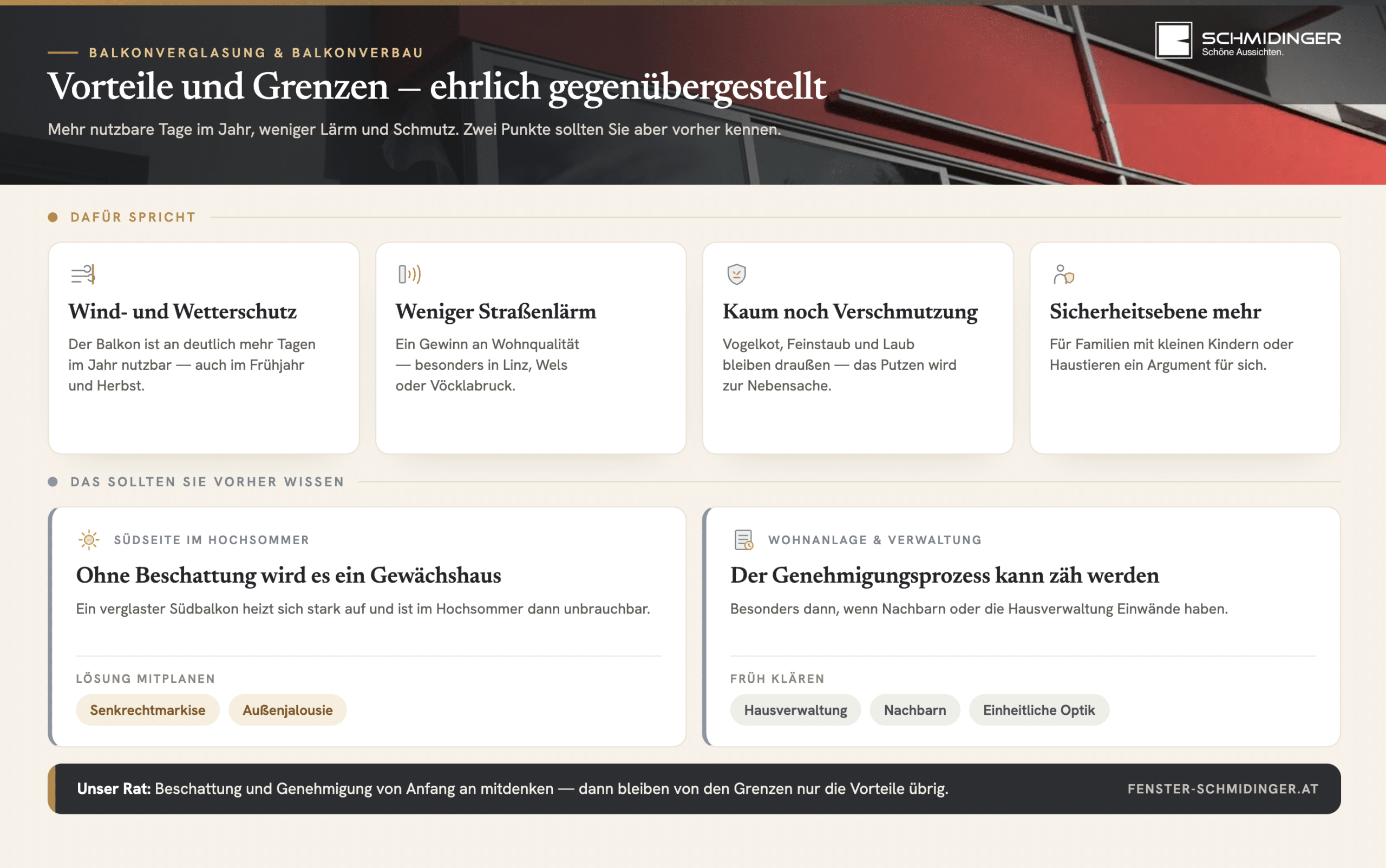 Vorteile und Grenzen einer Balkonverglasung bzw. Balkonverbaus - Infografik mit vier Argumenten.
