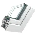 Waku W76 Md weißes Kunststofffenster im Querschnitt mit Profilen, Dichtungen & Wärmeschutzglas.