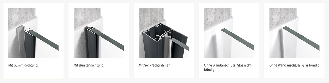 Sunflex Schiebe-Dreh-Systeme mit verschiedenen Wandanschlussprofilen wie Gummi-, Bürsten-, Senkrechtrahmen sowie ohne Profil.