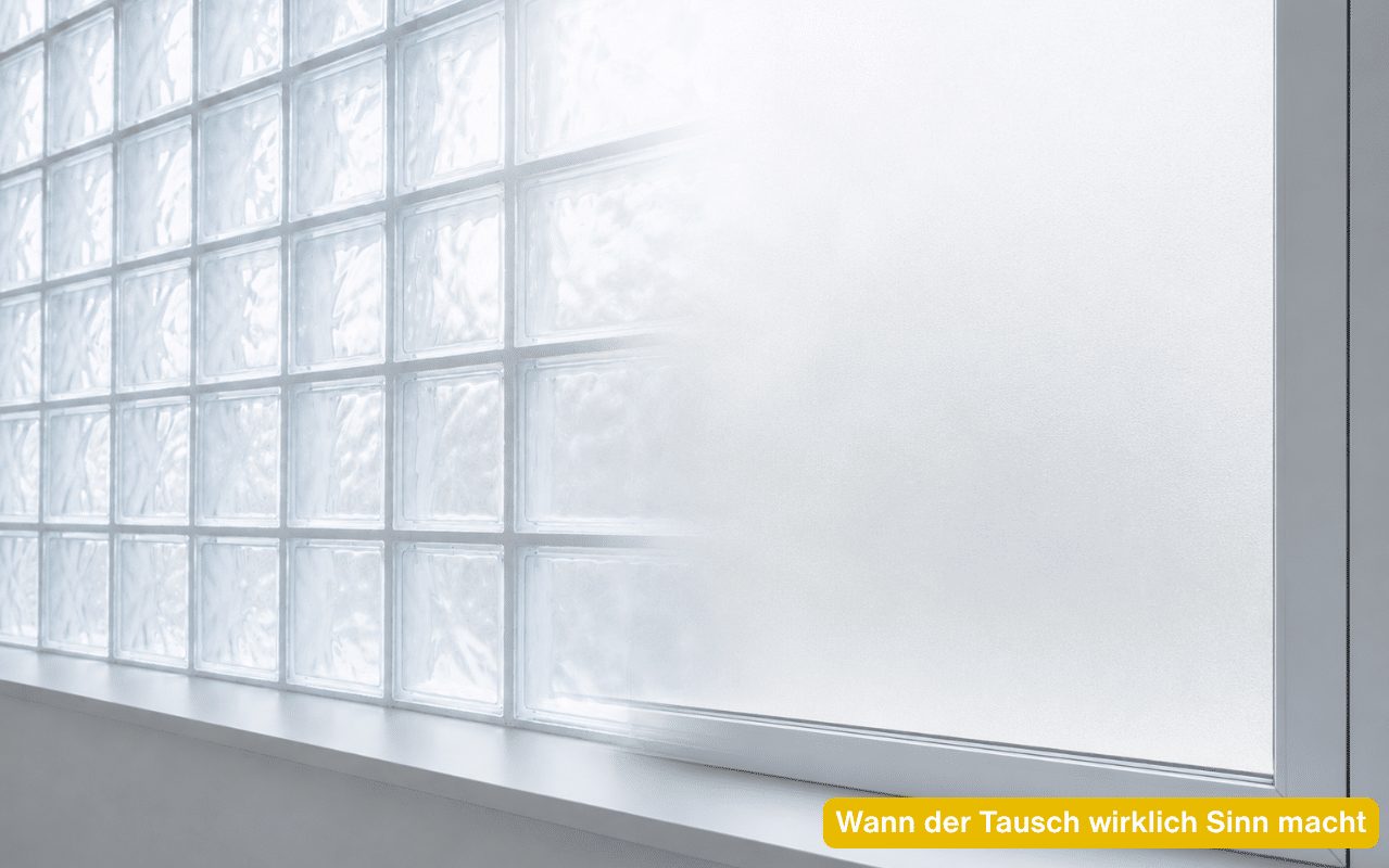 Wann der Tausch wirklich Sinn macht alte Glasbausteinwand mit milchigem Licht ohne Durchblick