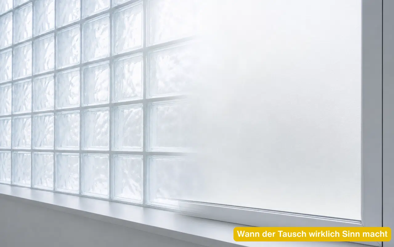 Wann der Tausch wirklich Sinn macht alte Glasbausteinwand mit milchigem Licht ohne Durchblick