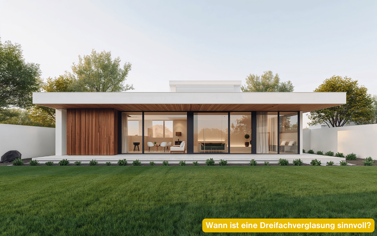 Wann ist eine Dreifachverglasung sinnvoll - moderner Bungalow mit großen bodentiefen Fenstern und Holzakzenten in der Fassade