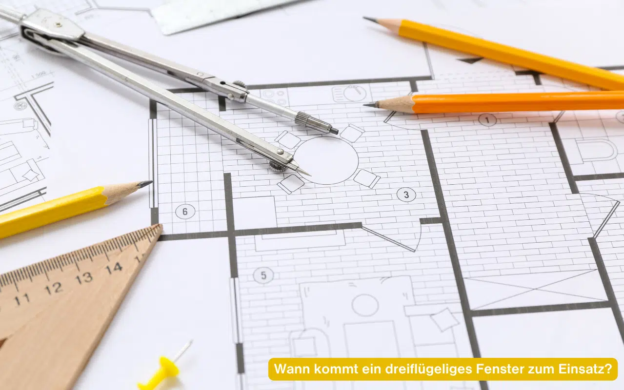 Wann kommt ein dreiflügeliges Fenster zum Einsatz? Bauplan mit Zirkel und Stiften zur Planung der Fenstermaße