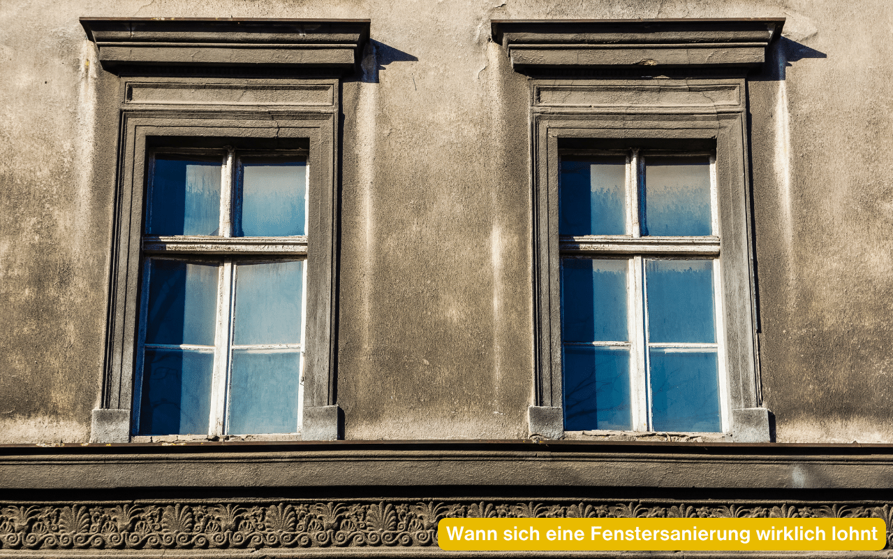 Wann sich eine Fenstersanierung wirklich lohnt - zwei alte Sprossenfenster an einer verwitterten Altbaufassade mit Stuck