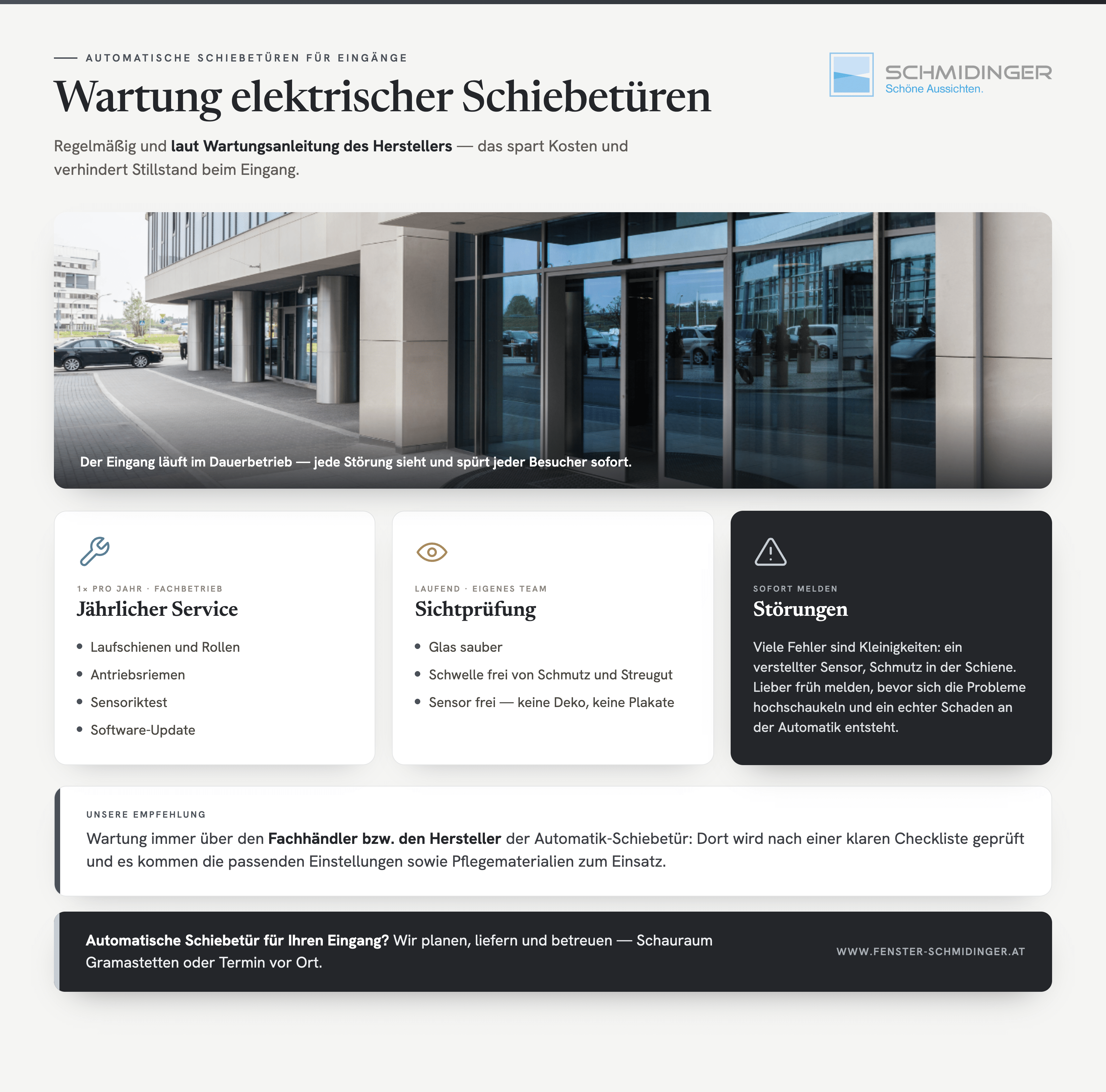 Wartung der elektrischen Schiebetüren – bitte regelmäßig und laut Wartungsanleitung des Herstellers - Infografik.