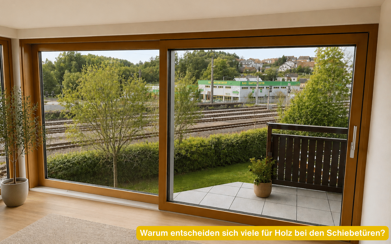 Warum entscheiden sich viele für Holz bei den Schiebetüren? Große Holzschiebetür mit Blick in den Garten
