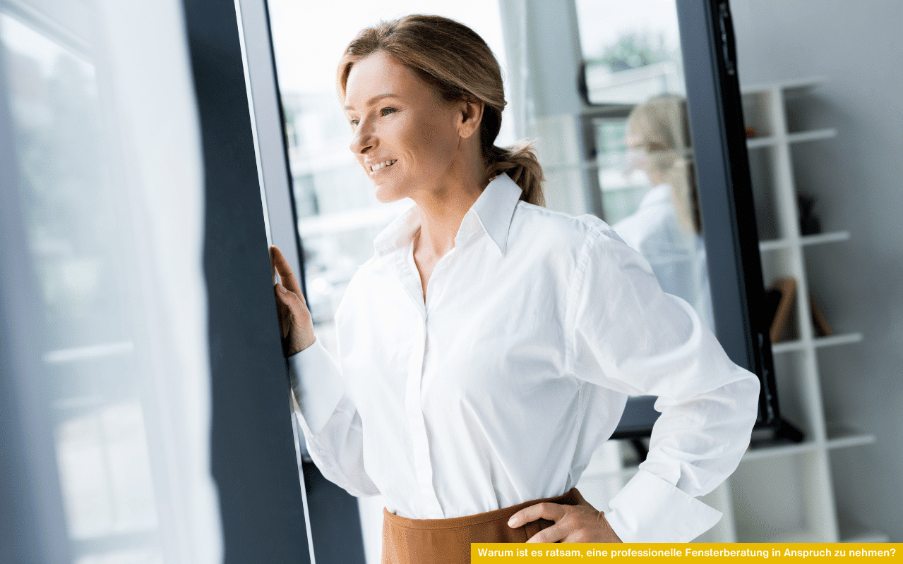Warum ist es ratsam, eine professionelle Fensterberatung in Anspruch zu nehmen? Bild zeigt Frau, die zufrieden am Fenster steht.