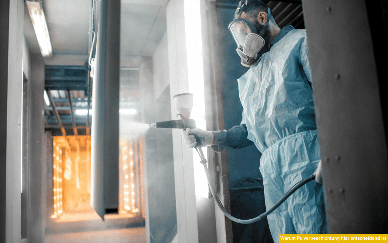 Das Bild zeigt die Pulverbeschichtung eines Aluminiumprofils in einer modernen Lackieranlage. Ein Facharbeiter trägt den Pulverlack auf, der anschließend im Ofen eingebrannt wird. So entsteht eine langlebige, wetterfeste Oberfläche.