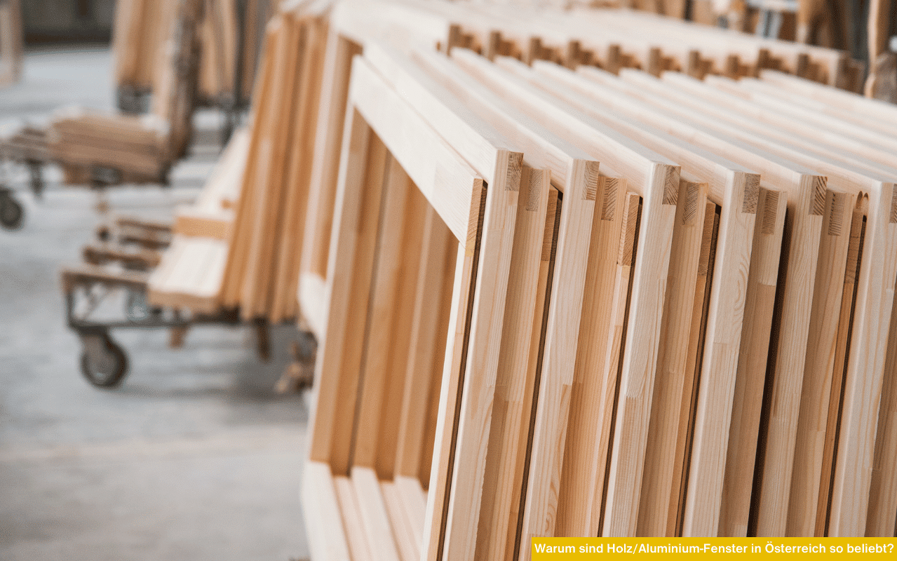 Warum sind Holz Aluminium Fenster in Österreich so beliebt Stapel vorbereiteter Holzfensterrahmen in Werkstatt als Symbol für Nachfrage