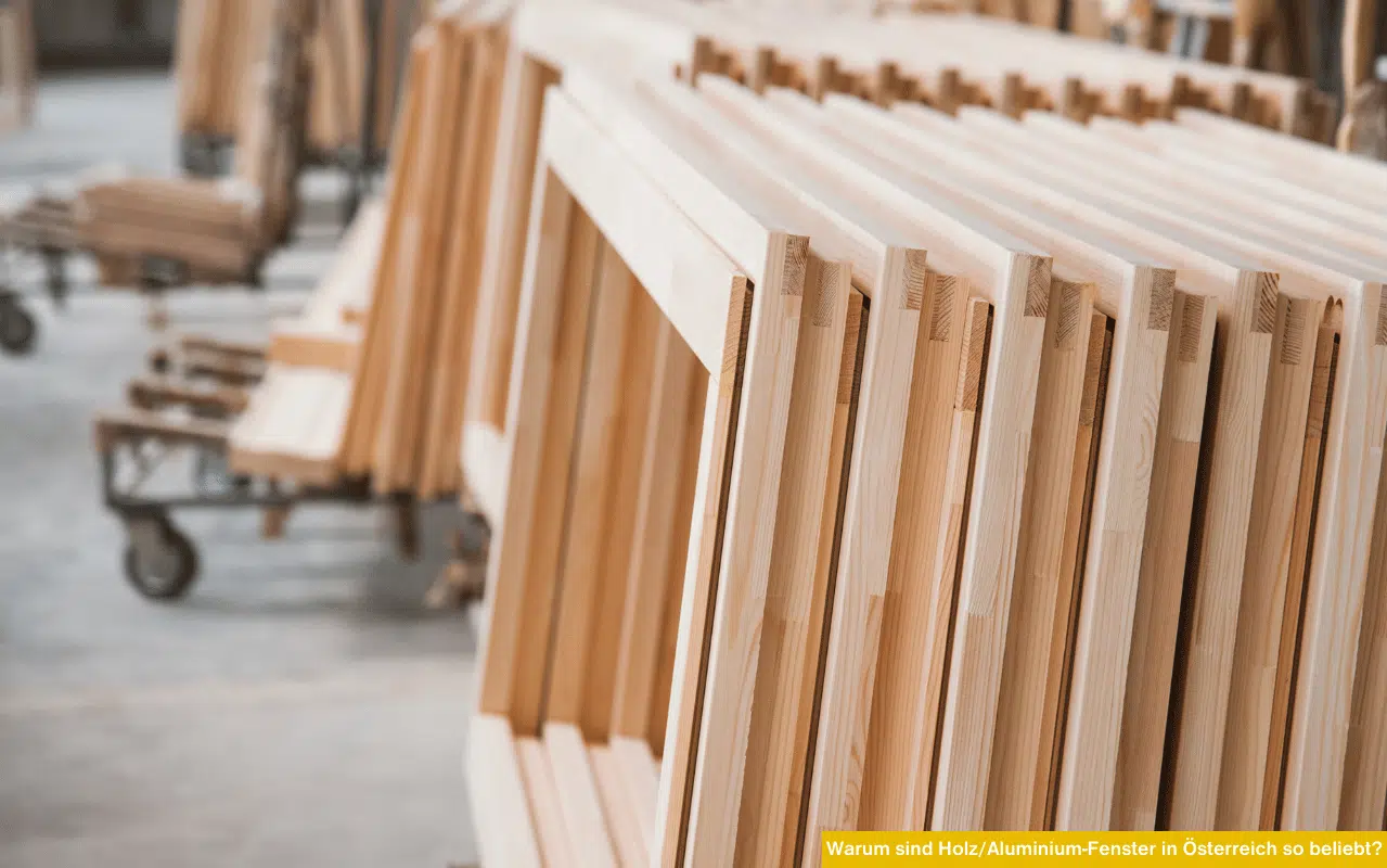 Warum sind Holz Aluminium Fenster in Österreich so beliebt Stapel vorbereiteter Holzfensterrahmen in Werkstatt als Symbol für Nachfrage